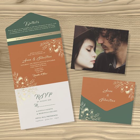 Terracotta en Sage Green bruiloft All In One Uitnodiging