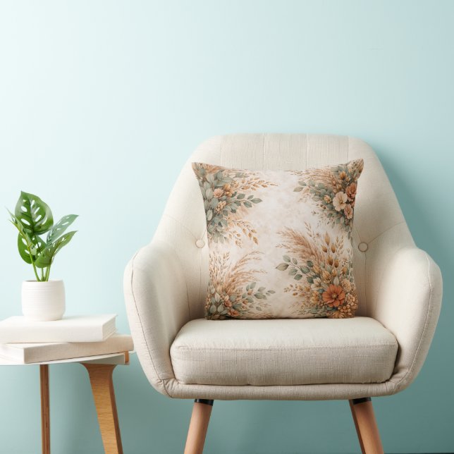 Terracotta en salie boho herfstboeket kussen (Stoel)