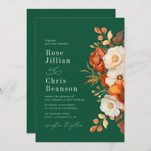 Terracotta en smaragdgroene bloemenbruiloft kaart (Voorkant / Achterkant)