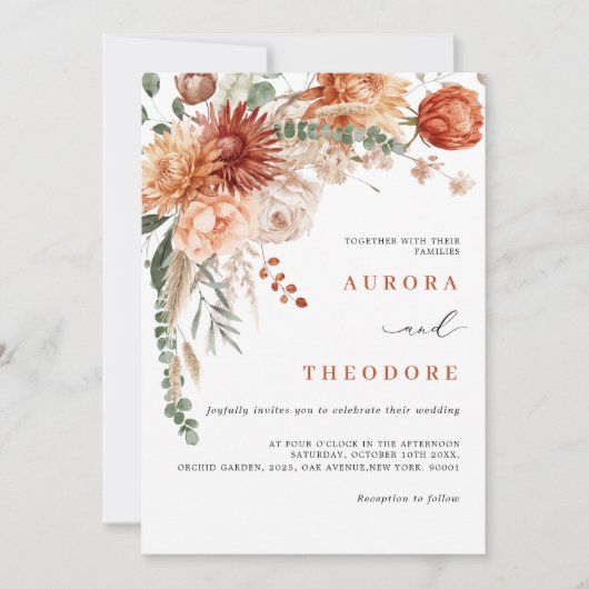 Terracotta en Smaragdgroene rustieke bloemenbruilo Kaart (Voorkant)