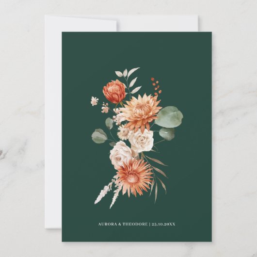 Terracotta en Smaragdgroene rustieke bloemenbruilo Kaart (Achterkant)