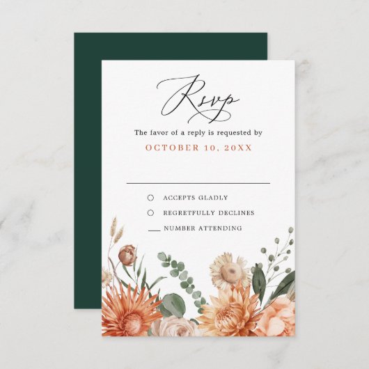 Terracotta en Smaragdgroene rustieke bloemenbruilo RSVP Kaartje (Voorkant / Achterkant)
