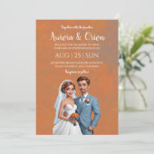 Terracotta en stoffige blauwe huwelijksuitnodiging kaart (Staand voorkant)