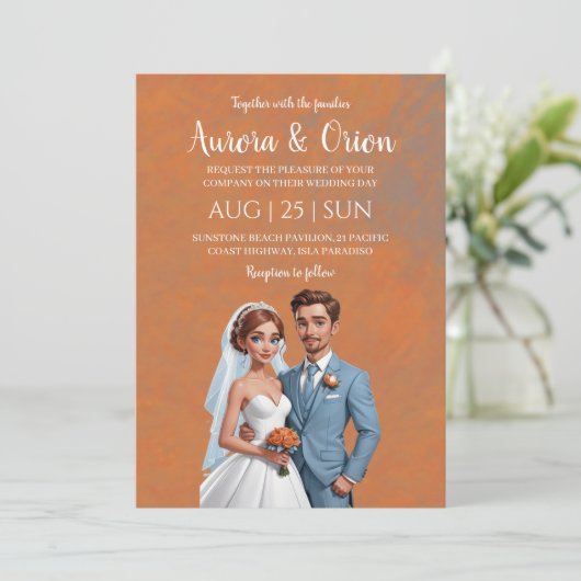 Terracotta en stoffige blauwe huwelijksuitnodiging kaart (Staand voorkant)