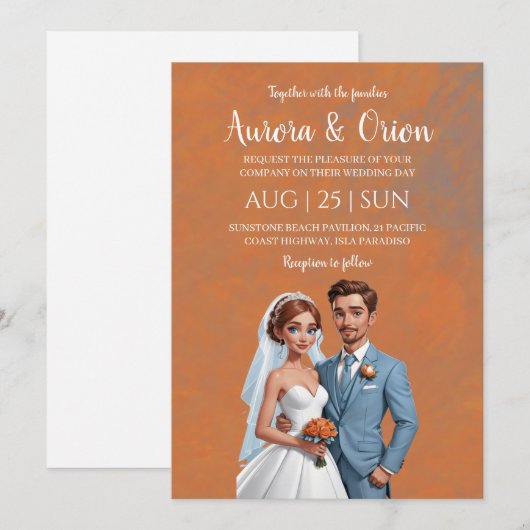 Terracotta en stoffige blauwe huwelijksuitnodiging kaart (Voorkant / Achterkant)