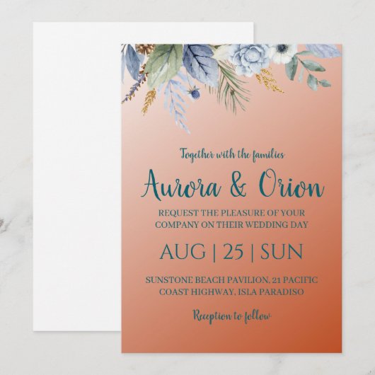 Terracotta en stoffige blauwe huwelijksuitnodiging kaart (Voorkant / Achterkant)