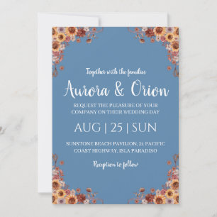 Terracotta en stoffige blauwe huwelijksuitnodiging kaart