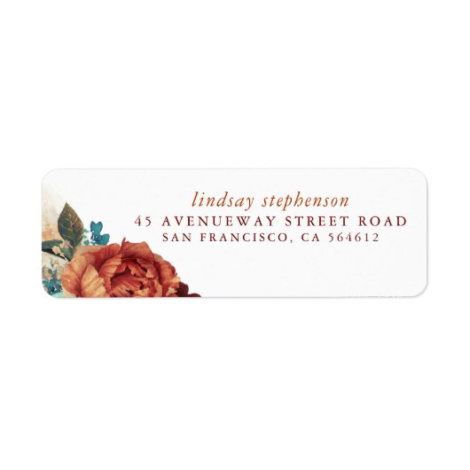 Terracotta en teal blauwe bloemen herfst label (Voorkant)