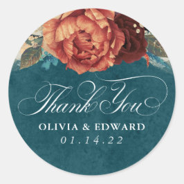 Terracotta en Teal Blue Bedankt Bloemen Ronde Sticker