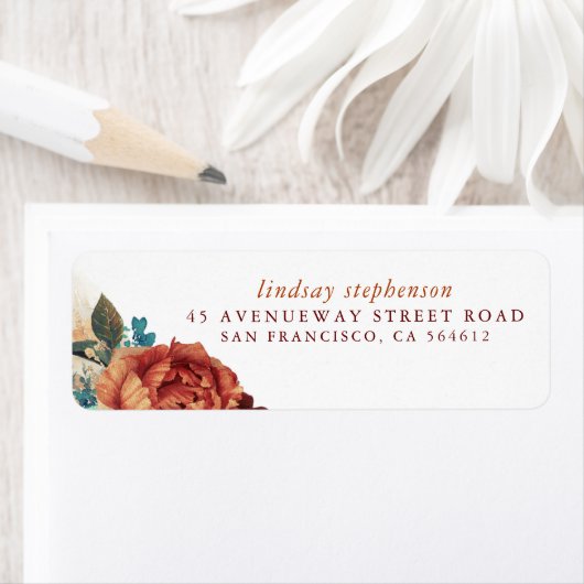 Terracotta en tealblauwe bloemen herfstlabel etiket (Insitu)