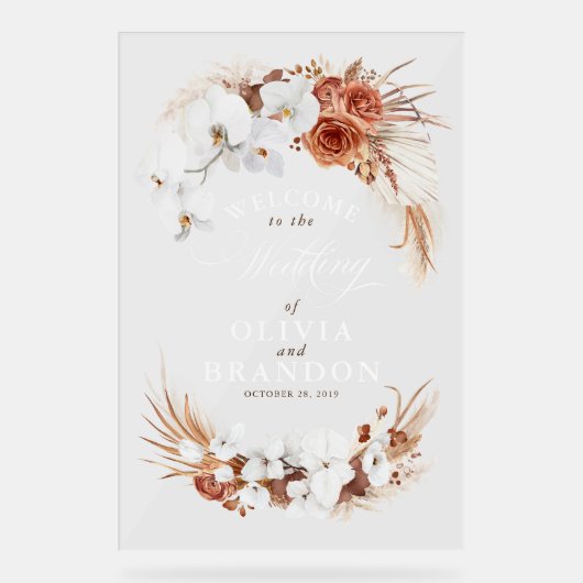 Terracotta en White Boho Bloemen Bruiloft Welkom Acryl Bord (Voorkant)