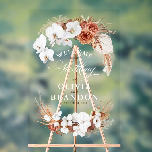 Terracotta en White Boho Bloemen Bruiloft Welkom Acryl Bord (Neutraal)