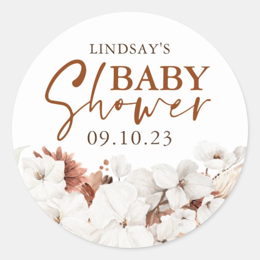 Terracotta en White Flowers Boho Baby shower Ronde Sticker (Voorkant)