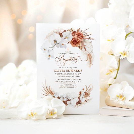 Terracotta en White Flowers Boho Chic Baptism Kaart
