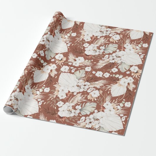 Terracotta en White Flowers Boho Elegant Botanics Cadeaupapier (Uitgerold)