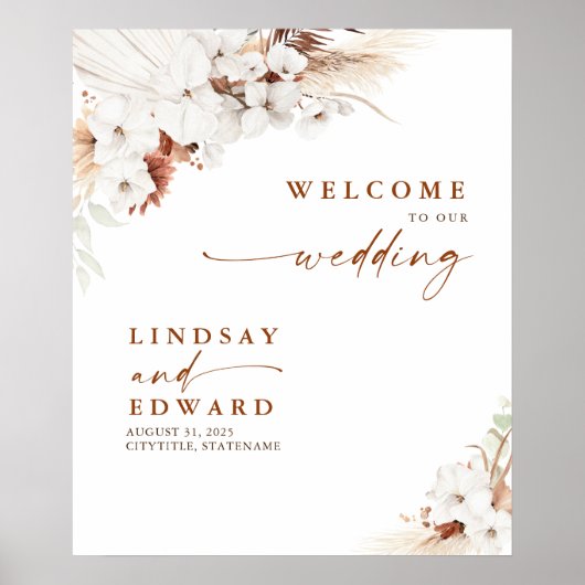 Terracotta en White Flowers Wedding Welcome Sign Poster (Voorkant)