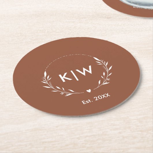 Terracotta en wit | Monogram moderne Initialen Ronde Kartonnen Onderzetter (Gebogen)