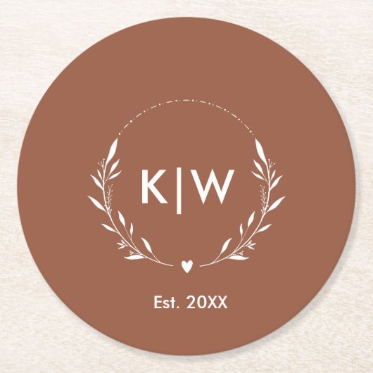 Terracotta en wit | Monogram moderne Initialen Ronde Kartonnen Onderzetter (Voorkant)