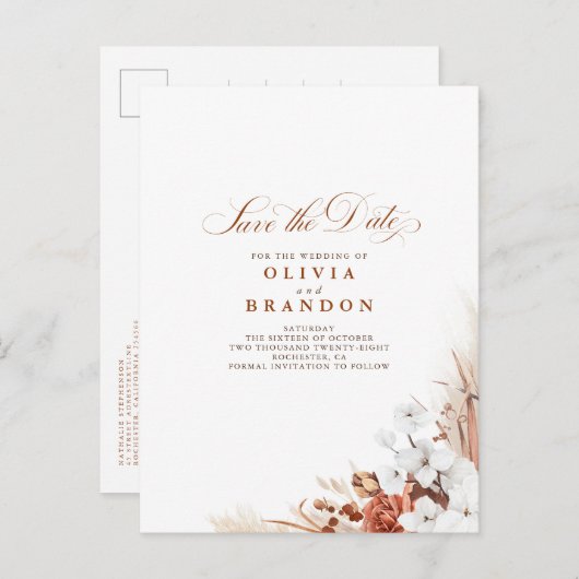 Terracotta en witte bloem Boho Save The Date Aankondigingskaart (Voorkant / Achterkant)