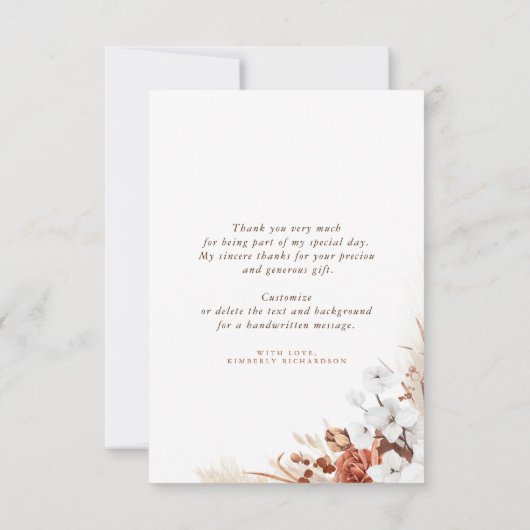 Terracotta en witte bloemen Boho dank je Bedankkaart (Achterkant)