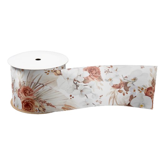 Terracotta en witte bloemen Botanische Boho Chic Satijnen Lint (Spoel)