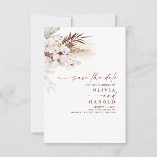 Terracotta en Witte Bloemen sparen de Datum Aankondiging (Voorkant)