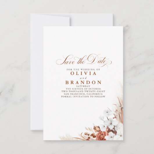 Terracotta en Witte Bloemen sparen de Datum Aankondiging (Voorkant)