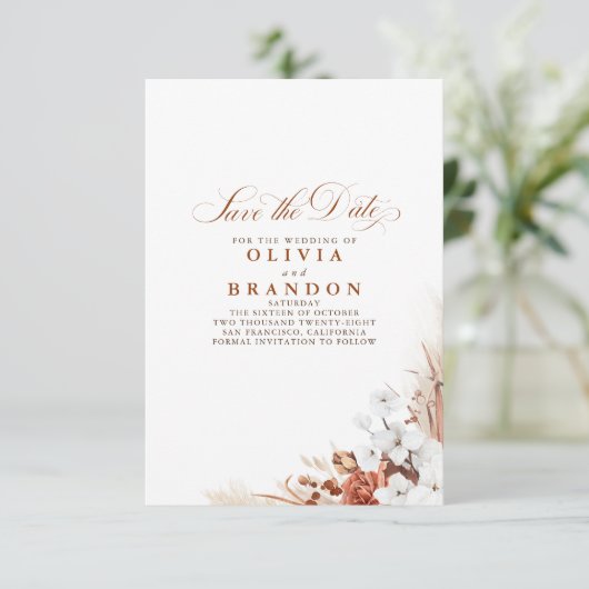 Terracotta en Witte Bloemen sparen de Datum Aankondiging (Staand voorkant)