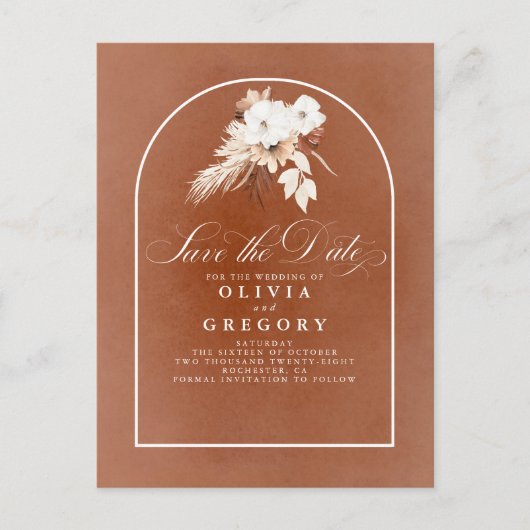 Terracotta en Witte Bloemen sparen de Datum Aankondigingskaart (Voorkant)