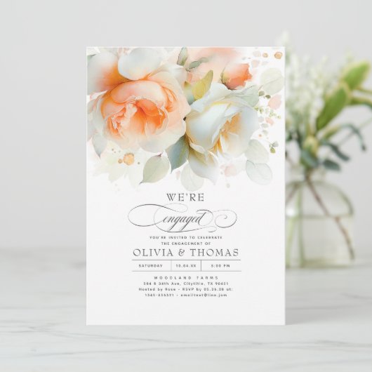 Terracotta en Witte Bloemen Verlovingsfeest Foto Kaart (Staand voorkant)