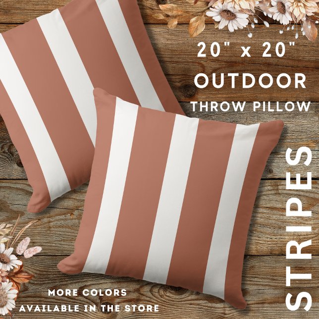 Terracotta en witte strepen rustieke boerderij buitenkussen (Terracotta And White Outdoor Striped Throw Pillows 20" x 20")