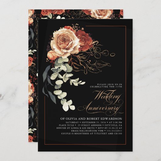 Terracotta en zwart bloemenbruiloft Jubileum Kaart (Voorkant / Achterkant)