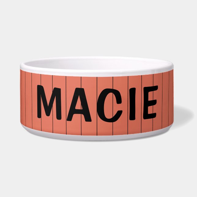 Terracotta en Zwart Dun Gestreept Naam Kat Hond Voerbakje (Voorkant)