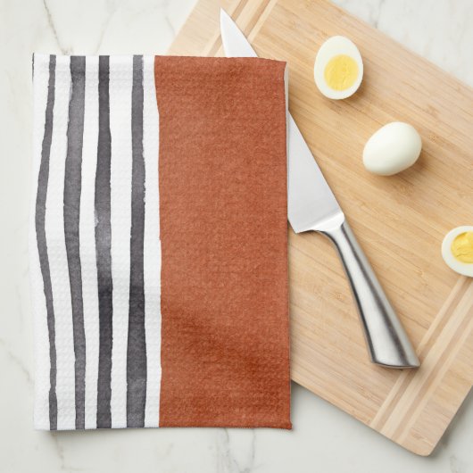 Terracotta en zwarte witte strepen   theedoek (Quarter Fold)