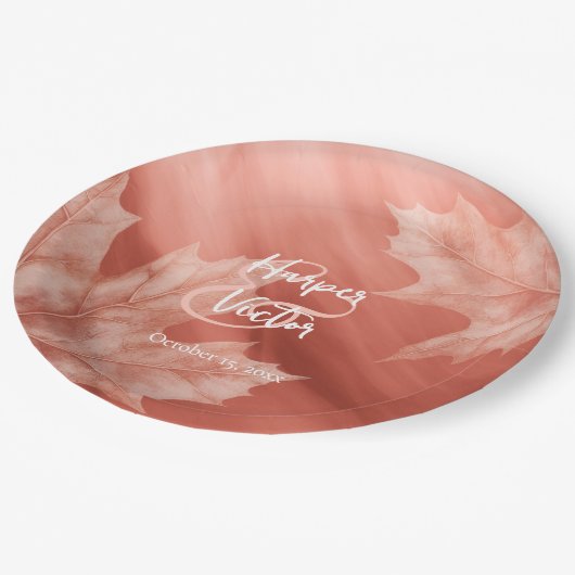 Terracotta esdoorn bladeren vallen bruiloft papieren bordje (Gekanteld)