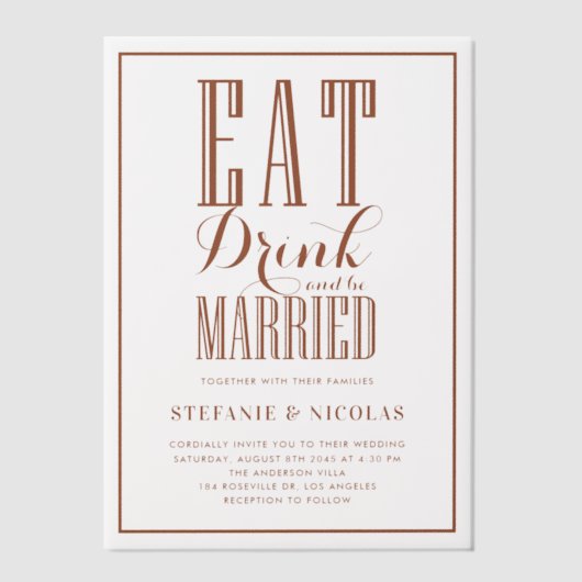 Terracotta Eten, Drinken en trouwen Bruiloft Vellum Uitnodigingen (Voorkant)