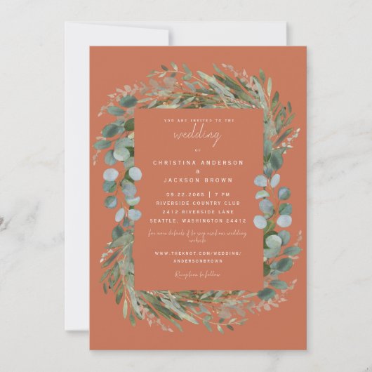 Terracotta Eucalyptus Botanical Wedding Invitation Kaart (Voorkant)