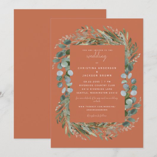 Terracotta Eucalyptus Botanical Wedding Invitation Kaart (Voorkant / Achterkant)