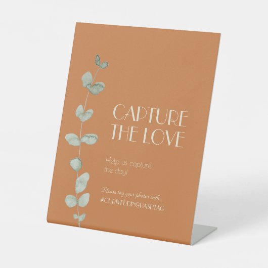 Terracotta Eucalyptus Deco Capture the Love Reclamebord Met Voetstuk (Voorkant)