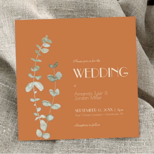 Terracotta Eucalyptus Deco Square Wedding Kaart