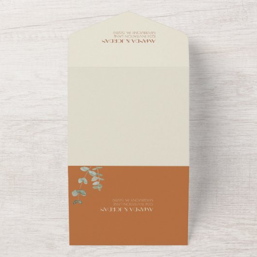 Terracotta Eucalyptus Deco Wedding All In One Uitnodiging (Buitenkant)