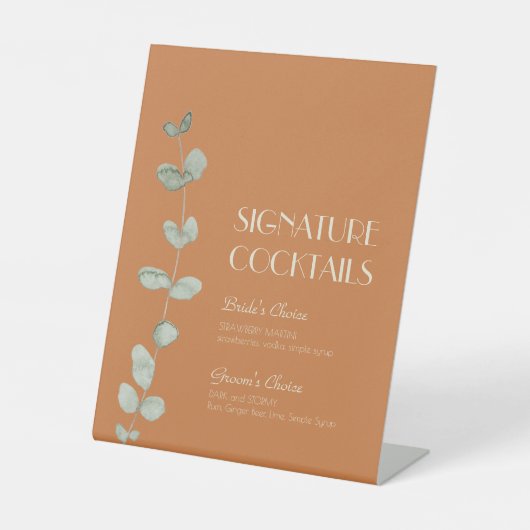 Terracotta Eucalyptus Deco Wedding Cocktail Menu Reclamebord Met Voetstuk (Voorkant)