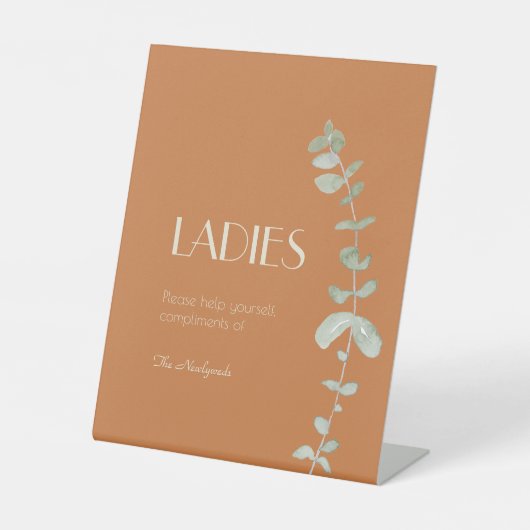 Terracotta Eucalyptus Deco Wedding Dames Bathroom Reclamebord Met Voetstuk (Voorkant)