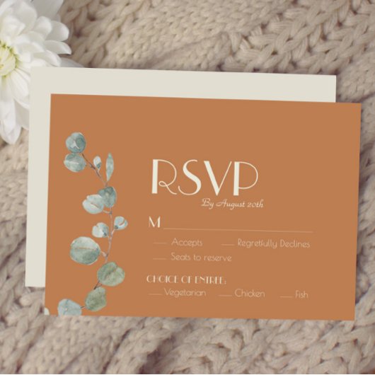 Terracotta Eucalyptus Deco Wedding Meal Choice RSVP Kaartje
