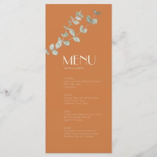 Terracotta Eucalyptus Deco Wedding Menu (Voorkant)