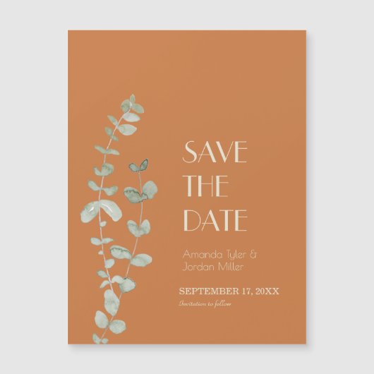 Terracotta Eucalyptus Deco Wedding Save the Date Magnetische Uitnodiging (Voorkant)