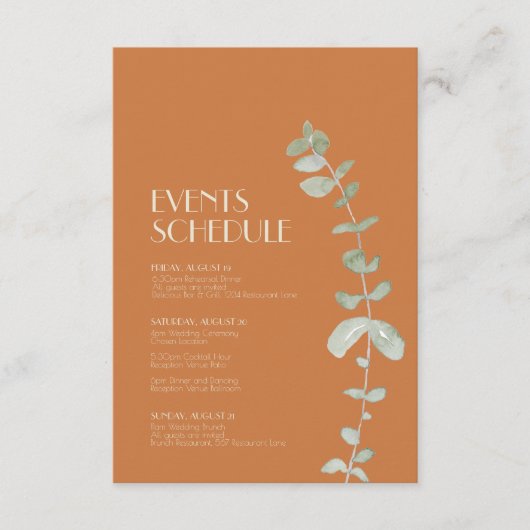 Terracotta Eucalyptus Deco Wedding Schedule Informatiekaartje (Voorkant)