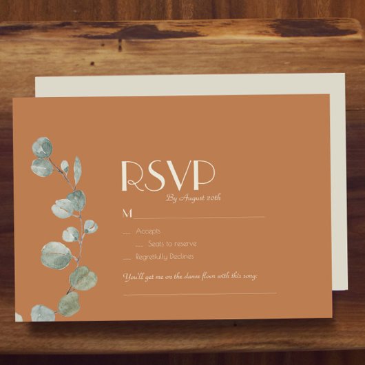 Terracotta Eucalyptus Deco Wedding Song Verzoek RSVP Kaartje