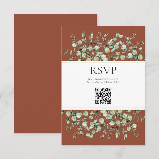 Terracotta Eucalyptus QR Code Wedding RSVP  Informatiekaartje (Voorkant / Achterkant)