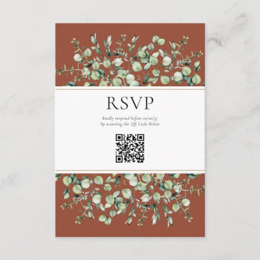 Terracotta Eucalyptus QR Code Wedding RSVP  Informatiekaartje (Voorkant)